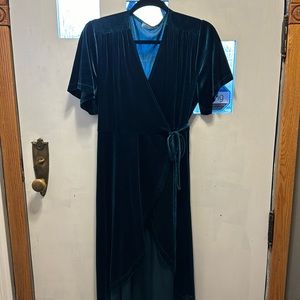 Evergreen velvet wrap dress
